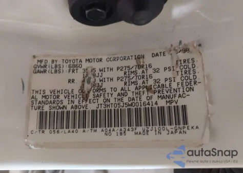 1998 Toyota Land Cruiser из США, поврежденный, VIN JT3HT05J5W0016414